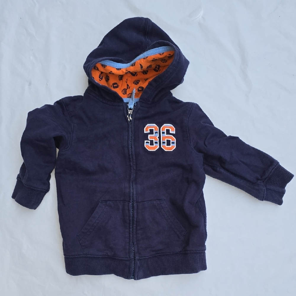 Carters Navy Zip-Up Hoodie with Orange Accent Basketball And Football Season 18M